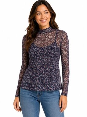 torrid Navy Floral Mock Neck Long-Sleeve Tee
